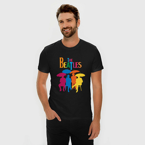 Мужская slim-футболка The beatles - umbrellas / Черный – фото 3