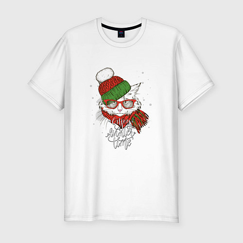 Мужская slim-футболка Котик в шапке / Белый – фото 1