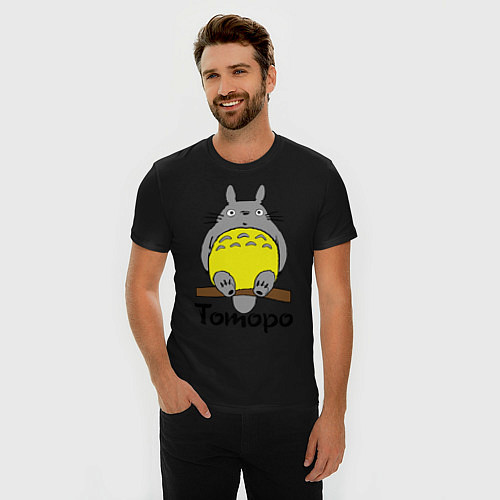 Мужская slim-футболка Тоторо на бревне / Черный – фото 3