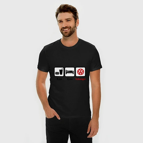Мужская slim-футболка Еда, сон и Volkswagen / Черный – фото 3