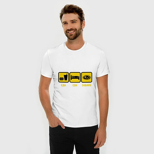 Мужская slim-футболка Еда, сон и Subaru / Белый – фото 3