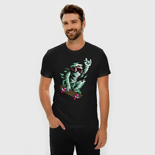 Мужская slim-футболка Мумия на скейте / Черный – фото 3