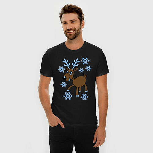 Мужская slim-футболка Олень и снег / Черный – фото 3