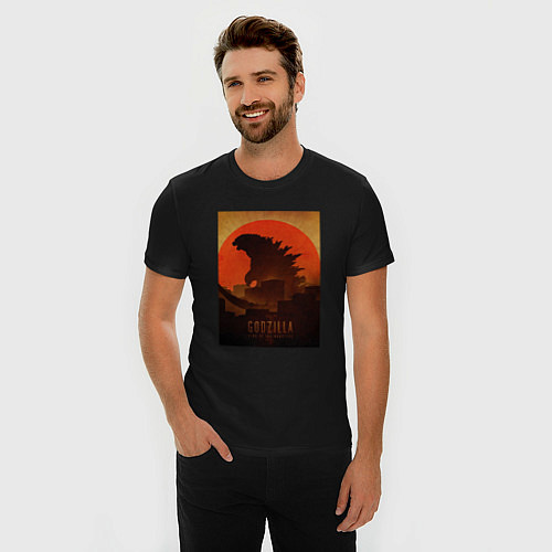 Мужская slim-футболка Godzilla and red sun / Черный – фото 3