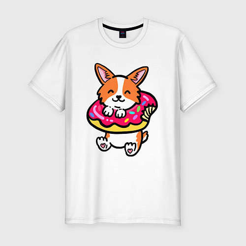 Мужская slim-футболка Милый корги в пончике / Белый – фото 1