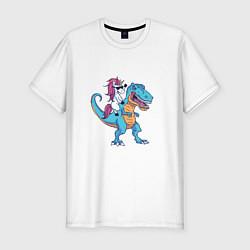 Мужская slim-футболка Единорог верхом на динозавре