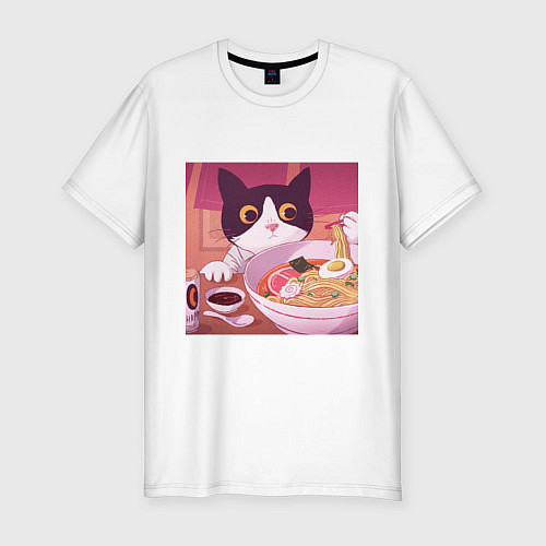 Мужская slim-футболка Кот и лапша / Белый – фото 1