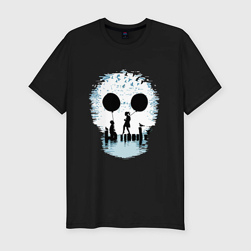 Мужская slim-футболка Иллюзия - девушка и юноша держат глаза Skull / Черный – фото 1