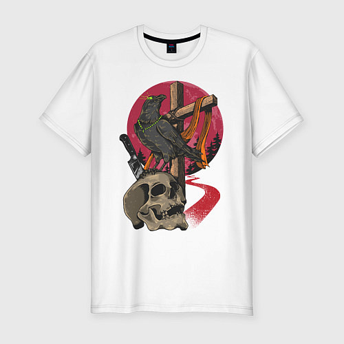 Мужская slim-футболка Ворона на черепе / Белый – фото 1