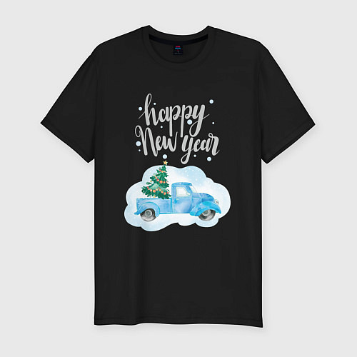 Мужская slim-футболка Новогодняя машина / Черный – фото 1