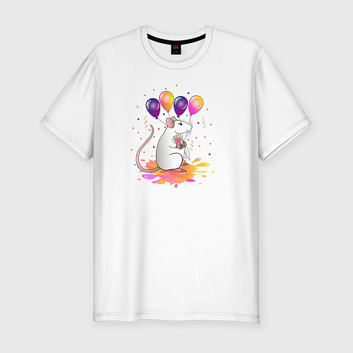 Мужская slim-футболка Мышь с шариками и подарком / Белый – фото 1
