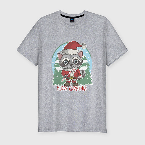 Мужская slim-футболка Новогодний енот / Меланж – фото 1