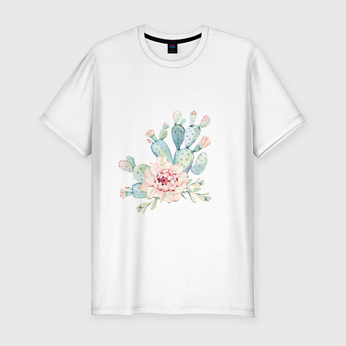 Мужская slim-футболка Цветущий кактус акварель / Белый – фото 1