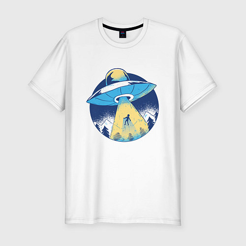 Мужская slim-футболка Похищение пришельцами в лесу / Белый – фото 1