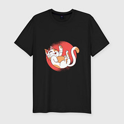Мужская slim-футболка Милый котик показывает пузико