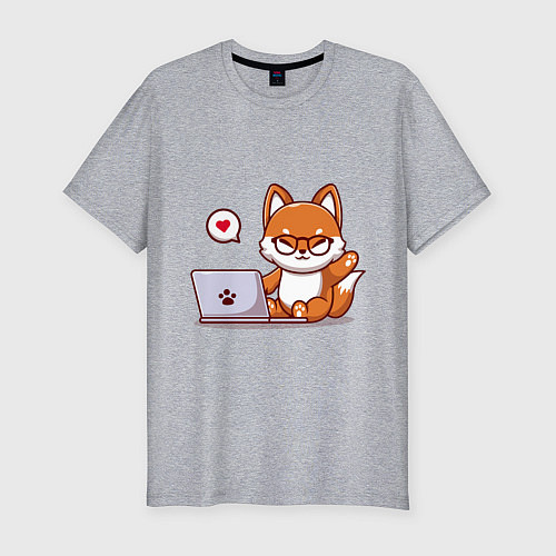 Мужская slim-футболка Cute fox and laptop / Меланж – фото 1