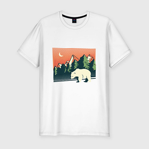 Мужская slim-футболка Белый медведь пейзаж с горами / Белый – фото 1