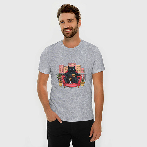 Мужская slim-футболка Толстый кот на балконе / Меланж – фото 3