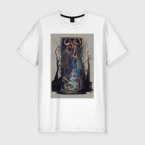 Мужская slim-футболка Ужас, Зло, Демон, Ведьма, Дьявол, Дверь, Деревья / Белый – фото 1