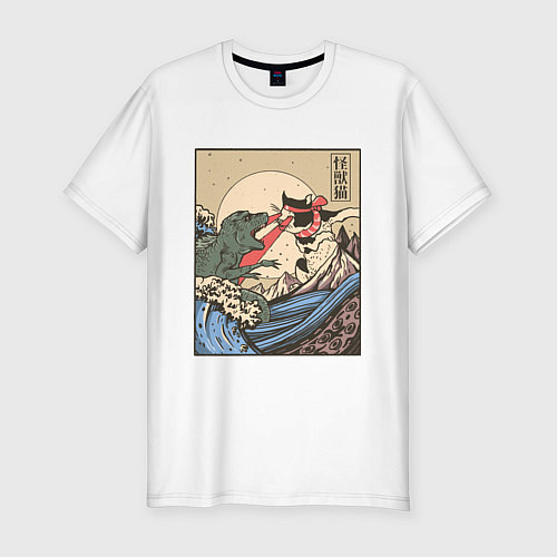 Мужская slim-футболка Cat Kong versus Godzilla Kaiju / Белый – фото 1