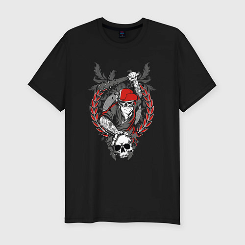 Мужская slim-футболка Скелет с битой / Черный – фото 1