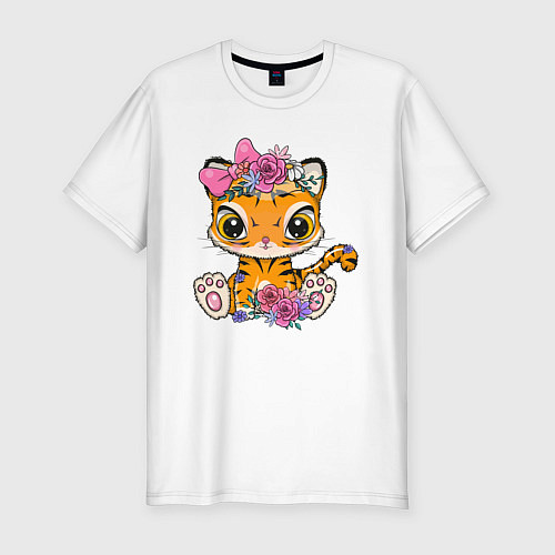 Мужская slim-футболка Милая тигрица с цветами / Белый – фото 1