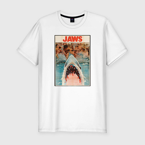 Мужская slim-футболка Jaws beach poster / Белый – фото 1