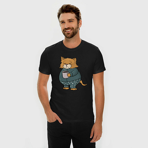 Мужская slim-футболка Сонный Кот / Черный – фото 3