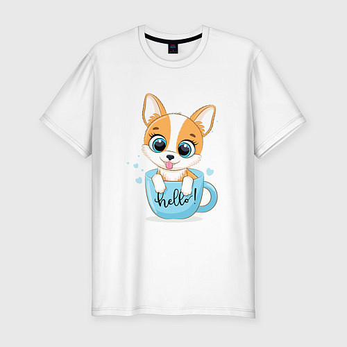 Мужская slim-футболка Собачка в кружке hello / Белый – фото 1
