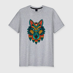 Мужская slim-футболка Серьезный волк орнамент