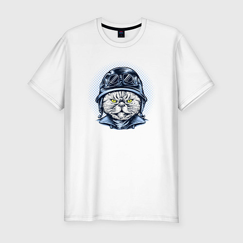 Мужская slim-футболка Кот в шлеме / Белый – фото 1