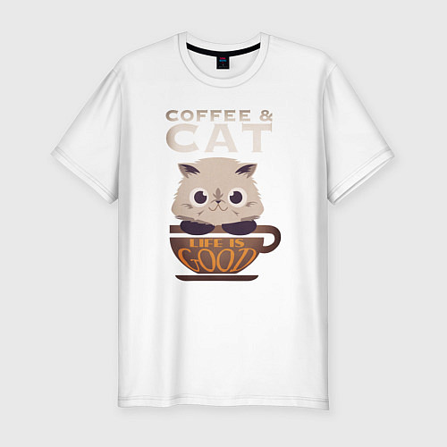 Мужская slim-футболка Кофе и Кот / Белый – фото 1