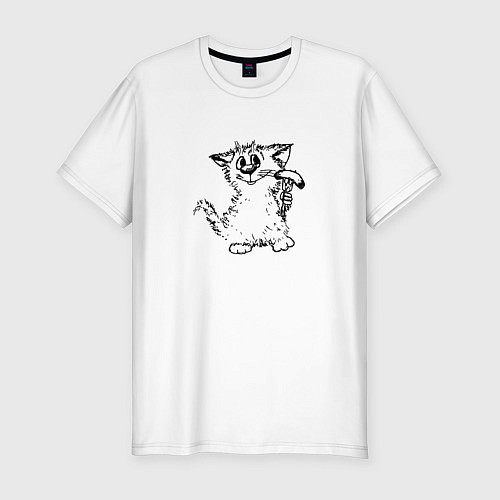 Мужская slim-футболка Котенок с вилкой и сосиской / Белый – фото 1