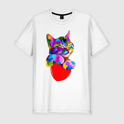 Мужская slim-футболка РАДУЖНЫЙ КОТИК RAINBOW KITTY / Белый – фото 1