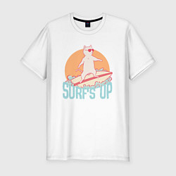 Мужская slim-футболка Surfs Up Кот сёрфер на гребне волны
