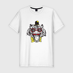 Мужская slim-футболка Смешной тигр в шапочке и в очках