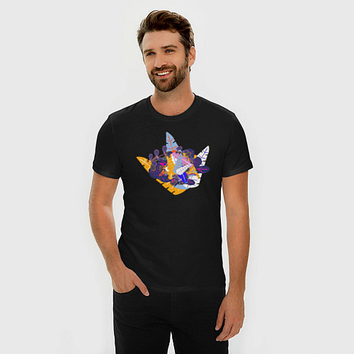 Мужская slim-футболка Узор из листьев и цветов / Черный – фото 3