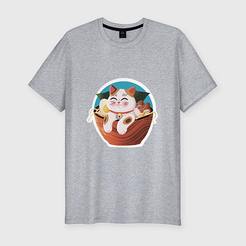 Мужская slim-футболка Кот в миске с лапшой / Меланж – фото 1