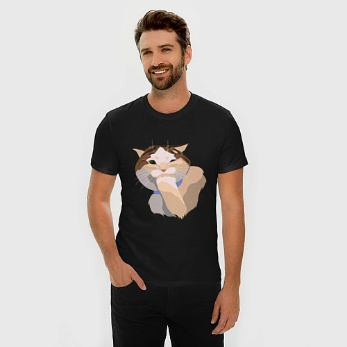 Мужская slim-футболка Подмигивающий котик / Черный – фото 3