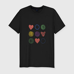 Футболка slim-fit Цветные сердца и круги, цвет: черный