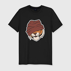 Мужская slim-футболка Крутой тигр в шапке