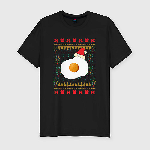 Мужская slim-футболка Рождественский свитер Кот-яичница / Черный – фото 1