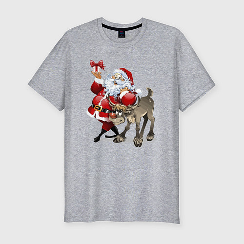 Мужская slim-футболка Прикольный дедуля с подарком и олень / Меланж – фото 1