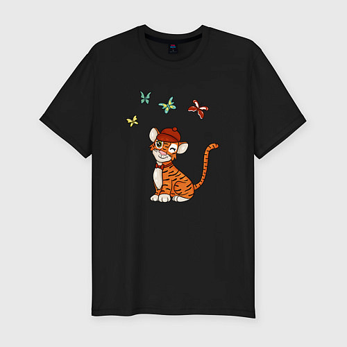 Мужская slim-футболка Тигр и бабочки 2022 Новый год / Черный – фото 1