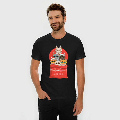 Мужская slim-футболка Christmas Cats / Черный – фото 3