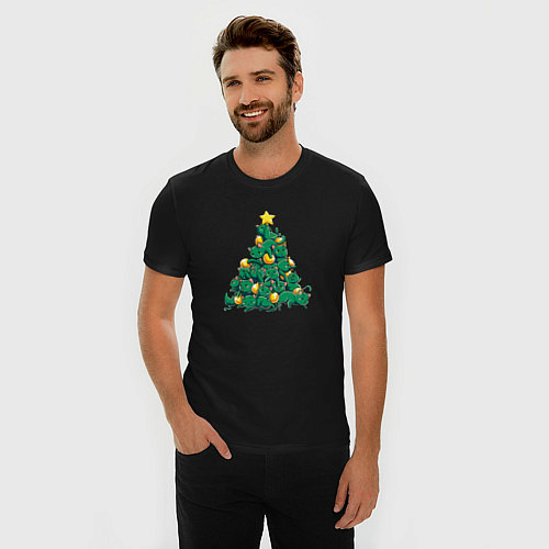 Мужская slim-футболка Christmas Tree Made Of Green Cats / Черный – фото 3