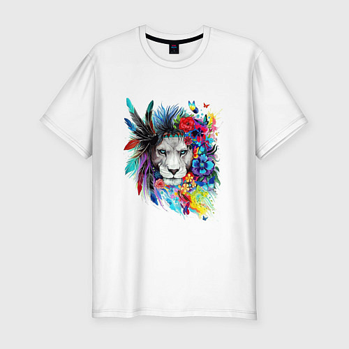 Мужская slim-футболка Лев в цветах и перьях / Белый – фото 1