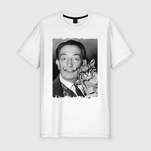 Мужская slim-футболка Salvador Dali & nice cat / Белый – фото 1