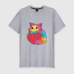 Мужская slim-футболка Влюбленный котик держит сердце