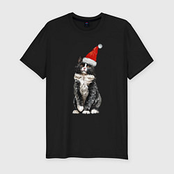 Мужская slim-футболка Черный кот в кружке Новогодний